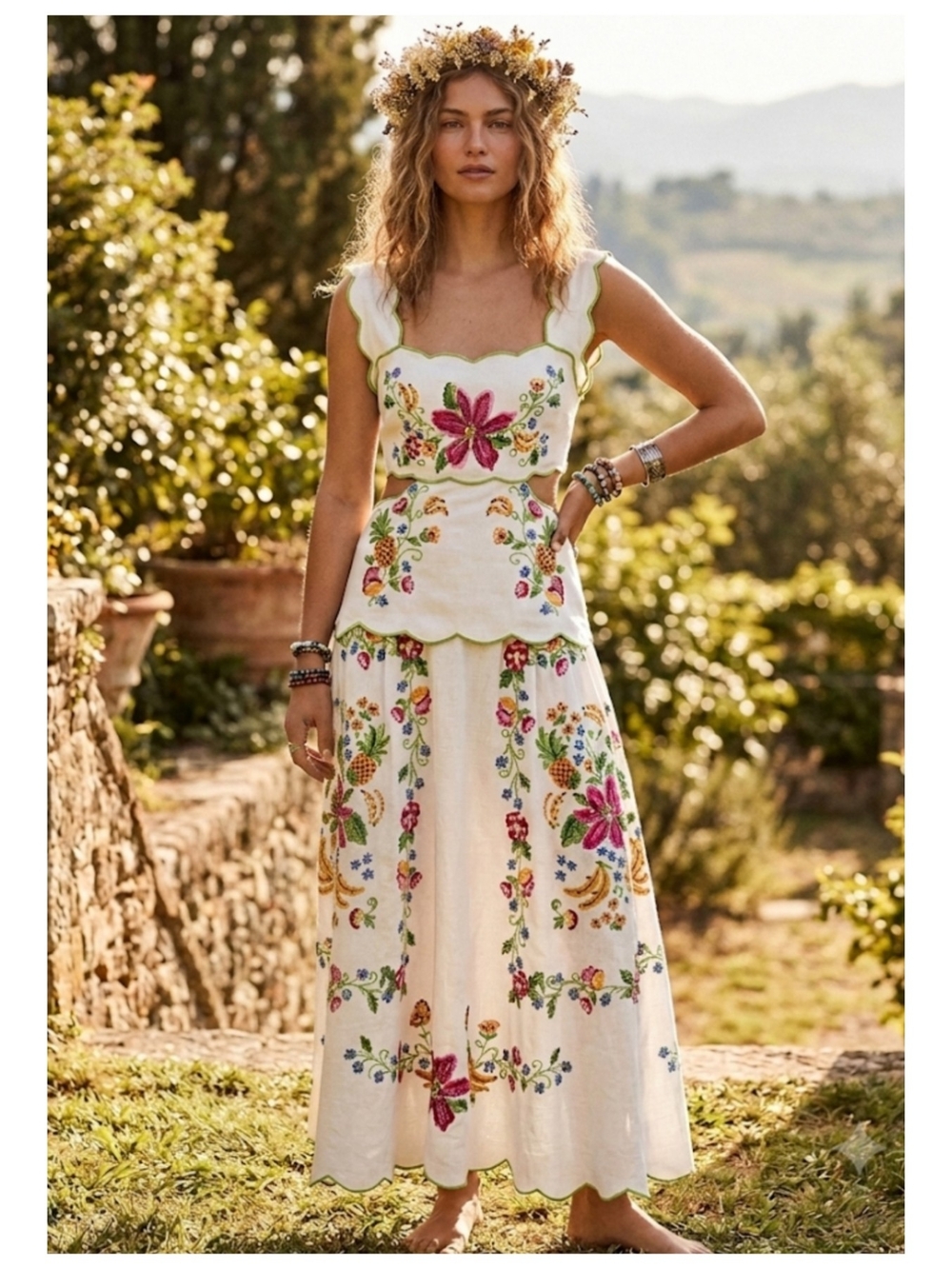 FARM Rio Cream Maxi Dress with Multicolor Floral Embroidery - Picture 1 of 9